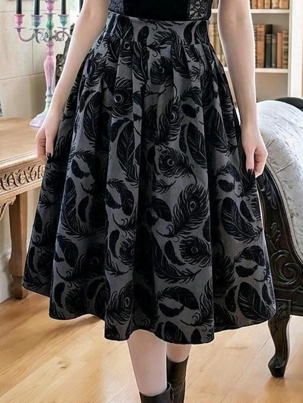Voodoo Vixen Andrea Flocked Feather Black Skirt black midi skirt Size M